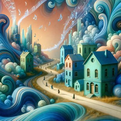 The primary subject of the image is a painting of a town with a group of people walking down a street. The setting is a town with buildings and a sky background. The visual style is a painting, and the colors and mood are vibrant and lively.